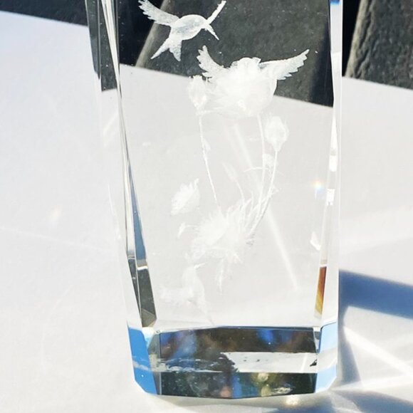 Clear Crystal Glass Tall Pillar Paperweight Birds Flowers Very Heavy - Picture 2 of 5